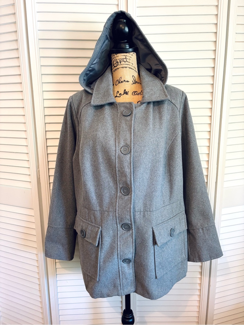 Avenue Wool Blend Gray Pea Coat Jacket with Removable Hood Size 18/20
